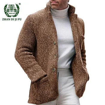 Мужской винтажный свитер со стоячим воротником, куртка, Повседневный Однобортный свитер с длинным рукавом, мужское пальто, Зимние Теплые Вязаные Мужские Кардиганы