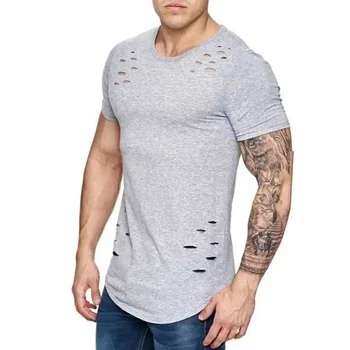 B3418 Рваные футболки с дырками, мужская футболка с коротким рукавом, летняя одежда для фитнеса, мужская забавная однотонная футболка, уличная одежда, тонкие топы, тройники