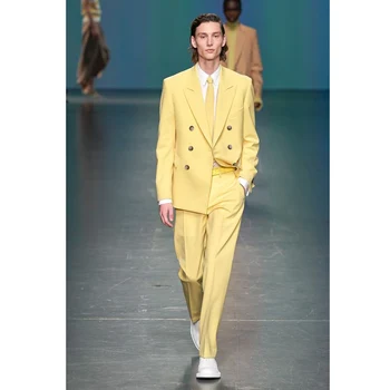 Высококачественные мужские костюмы Желтый Terno Hombres Двубортный прямой костюм с остроконечным отворотом Homme, куртка из 2 предметов, брюки приталенного кроя