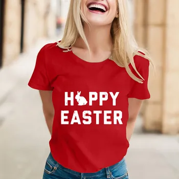 Женская футболка Happy Easter Модная футболка Happy Easter с буквенным принтом Летние Однотонные повседневные топы с коротким рукавом и круглым вырезом