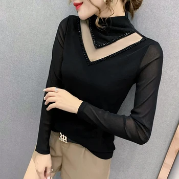Осень-Зима, Новая модная женская рубашка в стиле пэчворк с полувысоким вырезом, расшитые бисером топы, Повседневная черная футболка с длинным рукавом