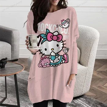 2023 Новая осенняя женская футболка Hello Kitty с длинным рукавом, повседневная модная женская футболка с круглым вырезом, пуловер Y2K