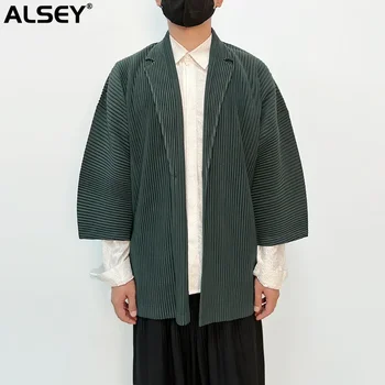 Простая мужская куртка с плиссированной драпировкой ALSEY Miyake, Новые Модные пальто, отложной воротник на пуговицах, Черные строгие Элегантные Повседневные блейзеры