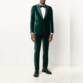 Бархатные зеленые мужские костюмы, пиджак и брюки из 2 предметов, Приталенный шикарный блейзер, однобортный, с остроконечным лацканом, Элегантная повседневная деловая одежда