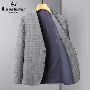 Весенний тонкий мужской костюм без железа, приталенный, среднего и молодежного размера, серый клетчатый маленький костюм, повседневное пальто
