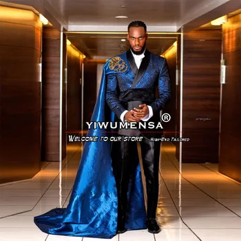 Синий / черный жаккардовый мужской костюм, сшитый на заказ дворцовым принцем, Свадебный смокинг жениха, большие размеры, вечернее модное платье для выпускного вечера, 2 предмета в комплекте 0