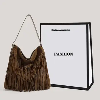 Новая женская сумка 2023 года, ретро-замшевая сумка с кисточками, матовая сумка люксового бренда Guangzhou, Дизайнерские сумки через плечо большой емкости