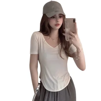 Женская базовая футболка с V-образным вырезом, Дышащая Женская летняя футболка с коротким рукавом в корейском стиле, уличная одежда