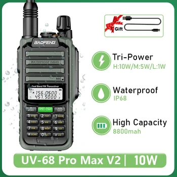 UV-68 Pro Max V2 10 Вт Зеленая Портативная Рация 128CH Водонепроницаемая 8800 мАч Type C Зарядка Высокой Мощности FM UV-S22 Pro V2 Радиостанции UV-98 Pro