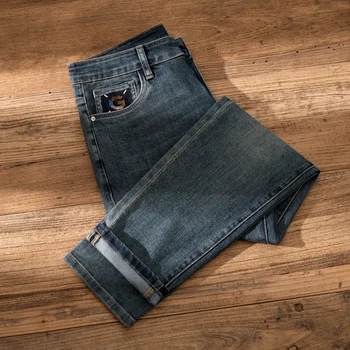 Мужские джинсы в стиле ретро, осень 2023, новые высококачественные брюки-карандаш с вышивкой для тяжелой промышленности, стираемые водой, Модные ностальгические длинные брюки