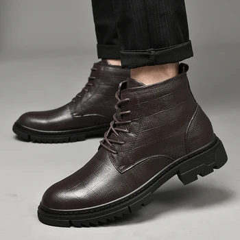Мужские ботинки С высоким берцем; Кожаная обувь В Британском стиле; Ботинки на шнуровке Большого Размера; Нескользящие Модные Универсальные Уличные Ботинки