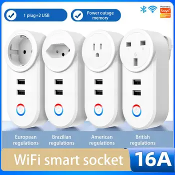 Новая 16A Умная Розетка Tuya Wifi С 2 USB-Адаптерами Для Зарядки EU, US, UK, Brazil Plug Smart Life Control Через Alexa Google Home