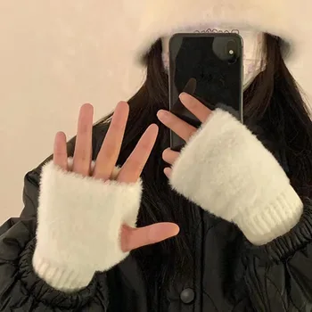 Мягкие Зимние перчатки на полпальца из флиса Норки, женские Теплые Роскошные Однотонные Белые плюшевые вязаные перчатки без пальцев, варежки для запястий