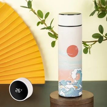 Изолированная чашка для бутылки с водой в китайском стиле, интеллектуальный светодиодный сенсорный дисплей, температура, вакуумная бутылка большой емкости объемом 500 мл.