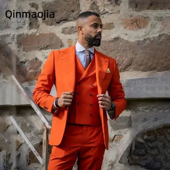 Сшитые на заказ мужские костюмы Темно-оранжевые смокинги для жениха с лацканами, женихи, комплект из 3 предметов, свадебный костюм (+ брюки + жилет)