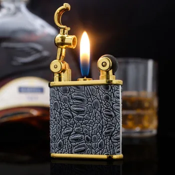 Креативная Металлическая надувная газовая зажигалка с кремневым колесом, Кожаная Ветрозащитная Зажигалка для сигарет, Бензиновая зажигалка Fire Metal