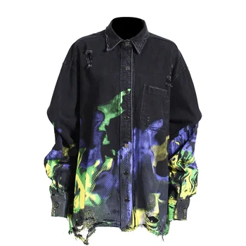 Джинсовая рубашка SuperAen Женская Весна Осень 2023, Новая выстиранная Свободная куртка и пальто с уличным принтом