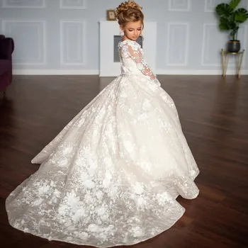 Белые элегантные платья в цветочек для девочек с бантом на свадьбу, Маленькая невеста, принцесса, детское бальное платье с прозрачным вырезом на день рождения, пышная вечеринка