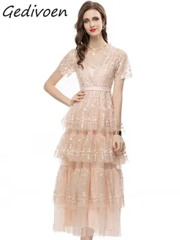 Gedivoen Летнее модное дизайнерское винтажное сетчатое платье цвета хаки, женское платье с V-образным вырезом, вышивкой, высокой талией, каскадными оборками, тонкое длинное платье