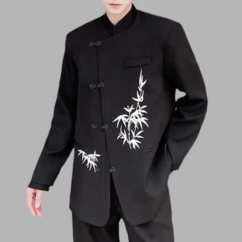 Осенние мужские блейзеры с вышивкой в китайском стиле, воротник-стойка, длинный рукав, металлическая пластина, пряжка, костюм, пальто, Уличная Повседневная верхняя одежда
