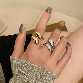 Золотисто-серебристого цвета, металлические кольца в форме капли воды, пересекающиеся Металлические кольца для женщин, мужчин, Простые металлические кольца с геометрическим отверстием, Регулируемые кольца, Подарки
