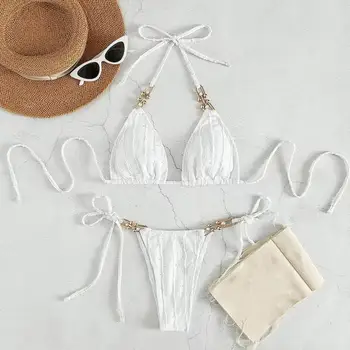 Женский комплект бикини, быстросохнущий летний пляжный купальник, пляжная одежда для плавания, летний пляжный купальник с высокой талией.