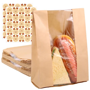 50шт пакетов для выпечки, Маслостойкий бумажный пакет для упаковки пищевых продуктов с прозрачным окошком, многоцелевые пакеты для хлеба, тостов, печенья, бумажные пакеты для поделок