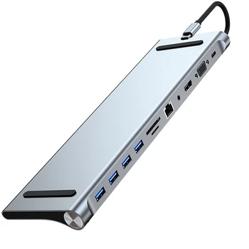11 В 1 Док-Станция Type C USB-Концентратор 3.0 Разветвитель Многопортовый Адаптер 4K-Совместимый RJ45 SD/TF VGA PD Аудио Подставка Для Ноутбука