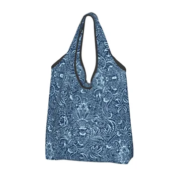 Изготовленная на заказ Индийская хозяйственная сумка William Morris Женская Портативная сумка для покупок большой емкости темно-синего цвета индиго