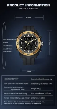 SANDA Роскошные Оригинальные Мужские спортивные наручные часы Золотые Кварцевые Стальные Водонепроницаемые часы с двойным дисплеем Relogio Masculino 6029