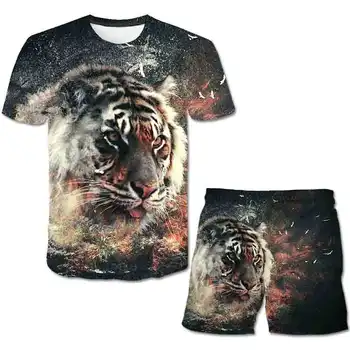 Комплекты одежды с тигром для мальчиков и девочек, Летние Милые футболки, Короткие штаны, от 1 до 14 лет, Костюмы из 2 предметов, детские модные повседневные костюмы, наряды