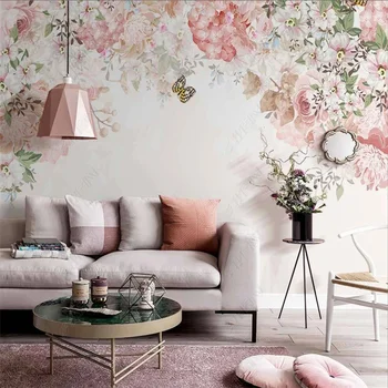 Скандинавские романтические обои с розовыми цветами, пасторальная цветочная фреска, обои с бабочками для украшения гостиной, спальни
