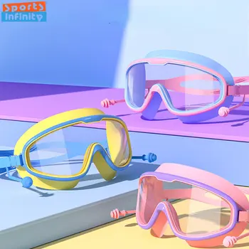 Детские плавательные очки для девочек и мальчиков в большой оправе, водонепроницаемые, противотуманные, HD Прозрачные, для студентов, детские очки для плавания с затычкой для ушей