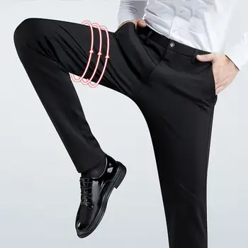 Однотонные брюки с высокой талией, облегающие мужские костюмные брюки без морщин, эластичные дышащие деловые официальные брюки, мужской костюм