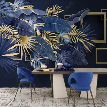 Скандинавские тропические растения Светло-роскошный 3D лазурит Синие обои для гостиной ТВ Фон Обои Домашний декор Фреска