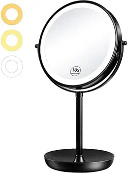 Увеличительное Зеркало 1X/10X с Подсветкой, 8-Дюймовое Зеркало Для макияжа с Подсветкой, Двустороннее Увеличительное Зеркало для Туалетного столика с 3-цветными Лампочками, Bri