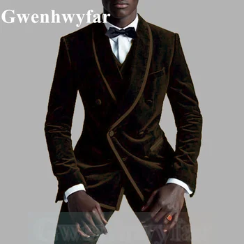 Гвенвифар 2021 Осень, Новый стиль, Мужской Повседневный бархатный костюм Brwon из 3 предметов и мужская одежда жениха (блейзер, Жилет и брюки)
