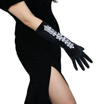 Женские черные БАРХАТНЫЕ ПЕРЧАТКИ DooWay Длиной 40 см Стрейч, Блестящий Бриллиант, Хрустальный цветок, Свадебная Вечерняя Модная Оперная перчатка