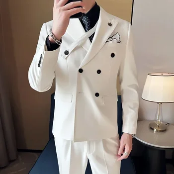 Новейшие дизайнерские белые костюмы для мужчин, элегантные двубортные наряды с отворотами, повседневные смокинги для выпускного вечера, свадебный костюм из 2 предметов, Homme
