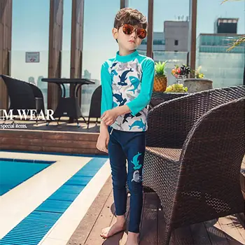 Детский солнцезащитный купальник с разрезным рисунком дельфина с длинными рукавами для мальчиков и шапочкой для плавания, комплект летних купальников для мальчиков, большие размеры