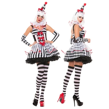 Для взрослых женщин на Хэллоуин, забавный цирковой костюм клоуна, платье в черно-белую клетку, костюм клоуна, костюм для косплея