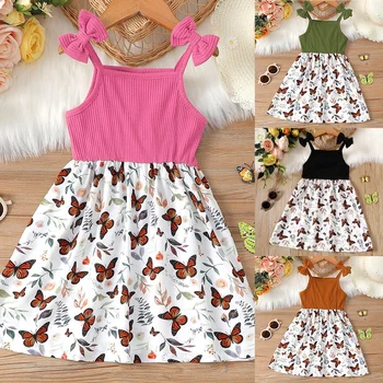 Одежда для девочек 4-7 лет, платье без рукавов с бабочкой, платье принцессы на подтяжках, летнее праздничное платье для девочек, наряд