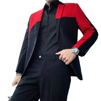 Приталенное Черное с красной строчкой мужское пальто, блейзер с вырезами на лацканах, брюки, костюмы для жениха, одежда для вечеринок, 2 предмета, мужская куртка для курящих на выпускном вечере + брюки