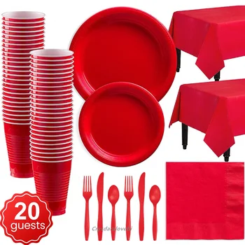 Свадебная вечеринка Красного цвета Одноразовая праздничная посуда Чашки Тарелки для юбилея Украшения для вечеринки по случаю Дня рождения Принадлежности для взрослых