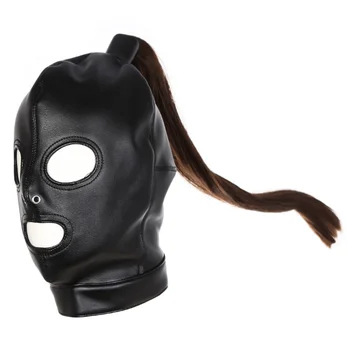 Латексная маска с капюшоном унисекс, сексуальные маски из искусственной кожи, мужские и женские косплейные волосы, Хвост, Нагрудный ремень, Головной убор, сексуальный аксессуар для косплея