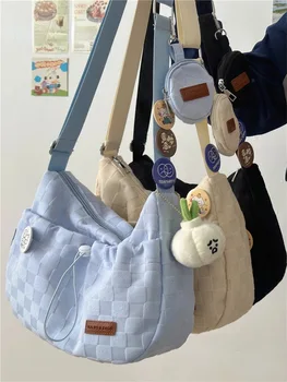 Повседневные сумки через плечо в клетку JIAERDI Harajuku, женская новая мягкая сумка через плечо большой емкости, милая японская дизайнерская сумочка