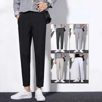 Осенне-зимние костюмные брюки мужские деловые с эластичной резинкой на талии, классические тонкие прямые корейские версии, плотные официальные рабочие брюки мужские E52
