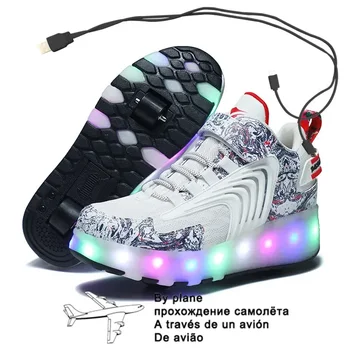 USB зарядка черный два колеса светящиеся кроссовки светодиодный световой ролик скейт обувь для детей LED обувь для мальчиков обувь для девочек 30-43