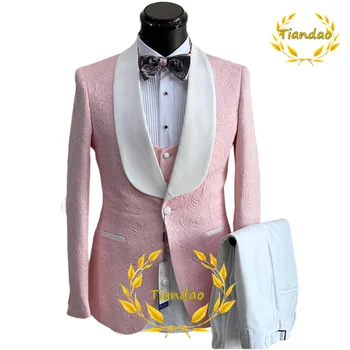 Розовый мужской костюм, Свадебный жакет с цветочным узором, брючный жилет, смокинг для жениха из трех предметов, приталенный блейзер для летней вечеринки