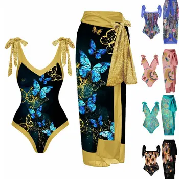 Роскошные Элегантные комплекты бикини с принтом флоры, купальник и юбка, асимметричный цельный купальник, женская накидка, бразильский купальник